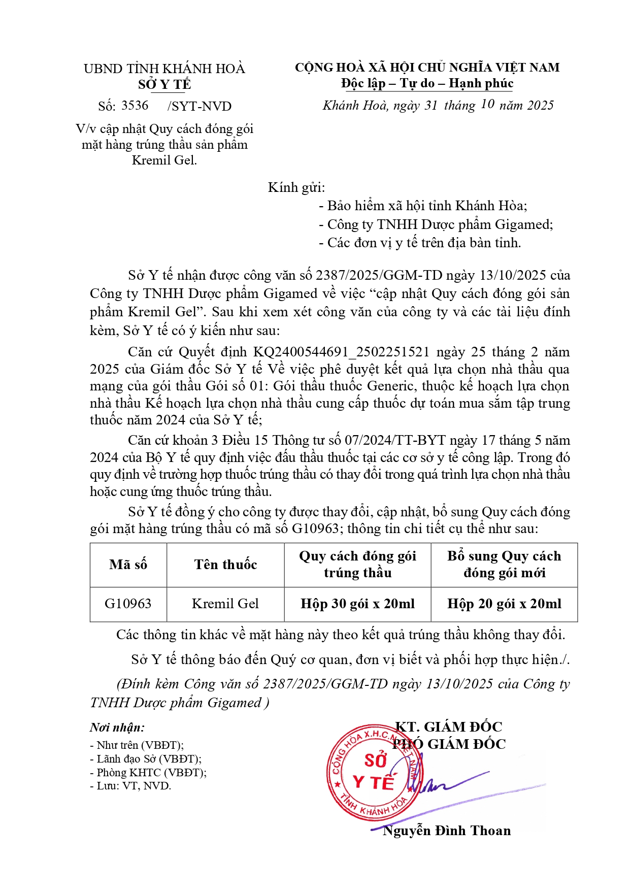 V/v cập nhật Quy cách đóng gói mặt hàng trúng thầu sản phẩm Kremil Gel.